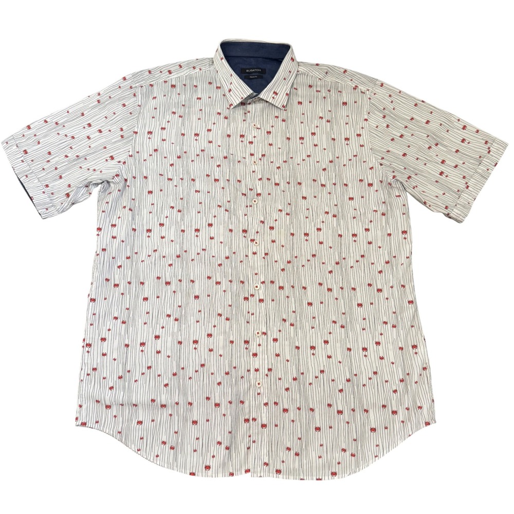 Bugatchi Mens Classic Fit Short Sleeve Button Down Shirt White Red Crab Print XL